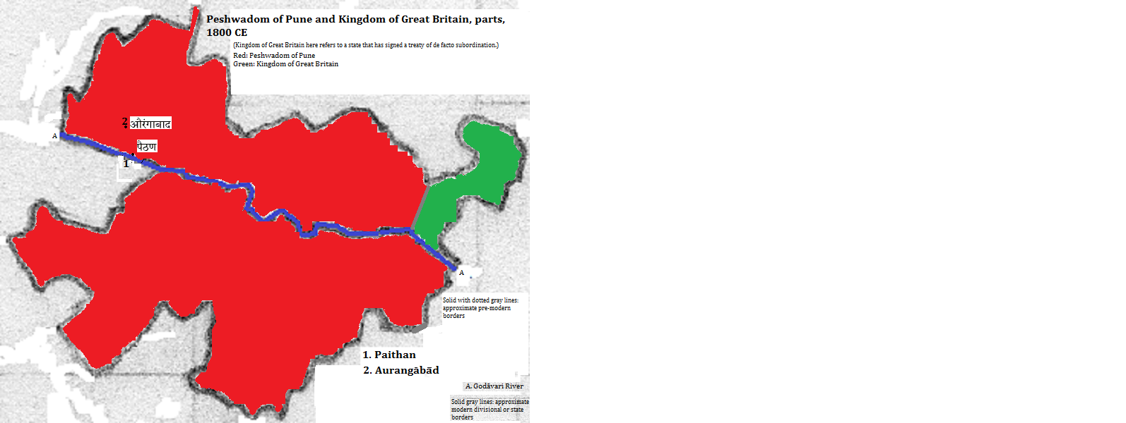 map showing parts of the Peshwadom of Pune (Peshwa) and the Kingdom of Great Britain (British Empire), 1800 CE