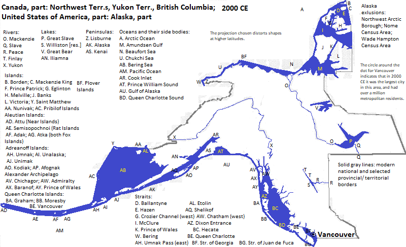map of Yukon Territory, Northwest Territories, British Columbia and part of Alaska (excluding Northwest Arctic Borough, Nome Census Area and Wade Hampton Census Area), 2000 CE, with Vancouver marked