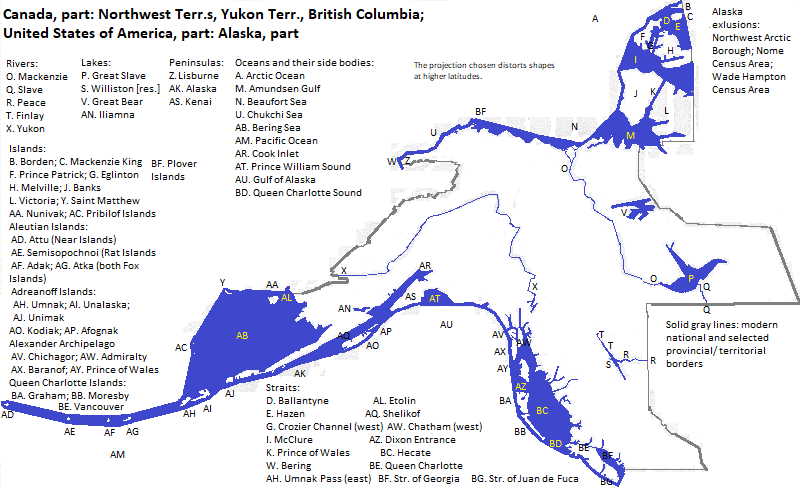 map of British Columbia, Yukon Territory, the Northwest Territories (all three in Canada) and the English-speaking parts of Alaska (in the United States of America) showing two river systems, two lakes that are not part of the two river systems, and numerous islands