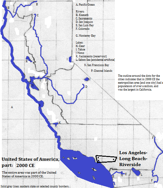 map showing California, 2000 CE, with Los Angeles-Long Beach-Riverside marked