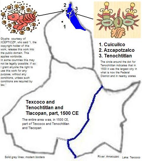 map showing part of Texcoco and Tenochtitlan and Tlacopan (Aztec Empire), 1500 CE