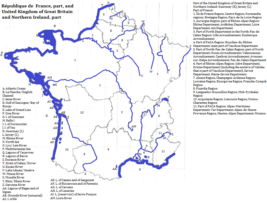 map of France, Guernsey and Jersey: showing regional, departmental and arrondisemental borders and selected rivers, lakes and islands