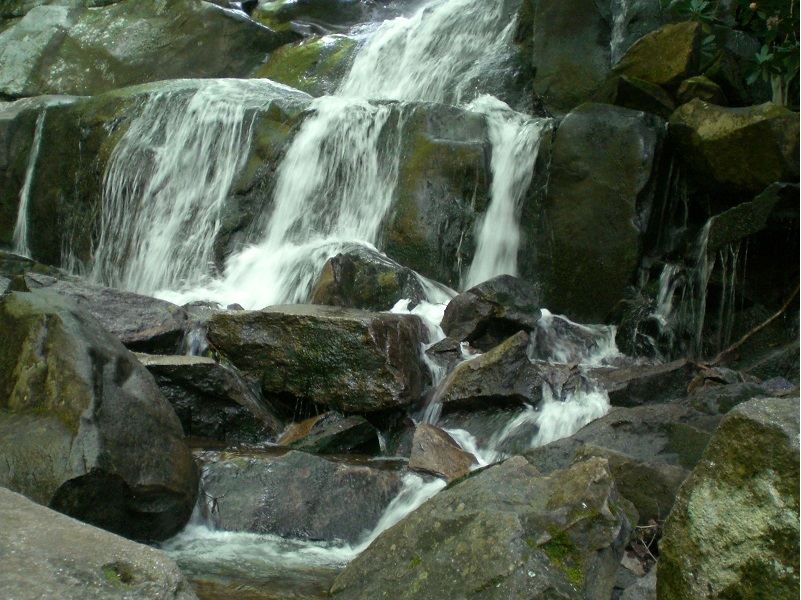 waterfall cascading over mossy rocks