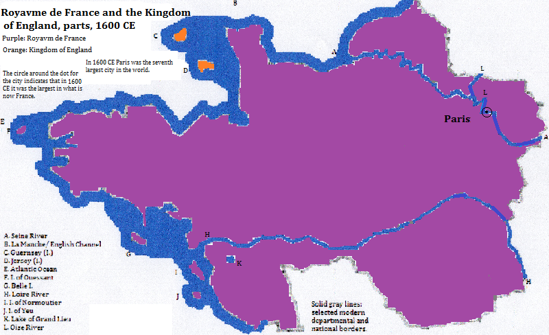 map showing parts of the Royaume de France and the Kingdom of England, 1600 CE