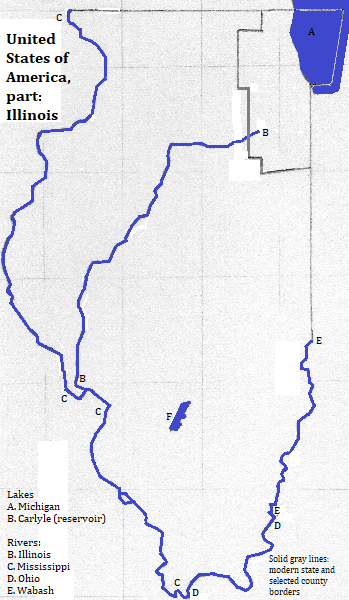 map of the state of Illinois in the United States of America: showing selected county borders and some rivers, one lake and one reservoir