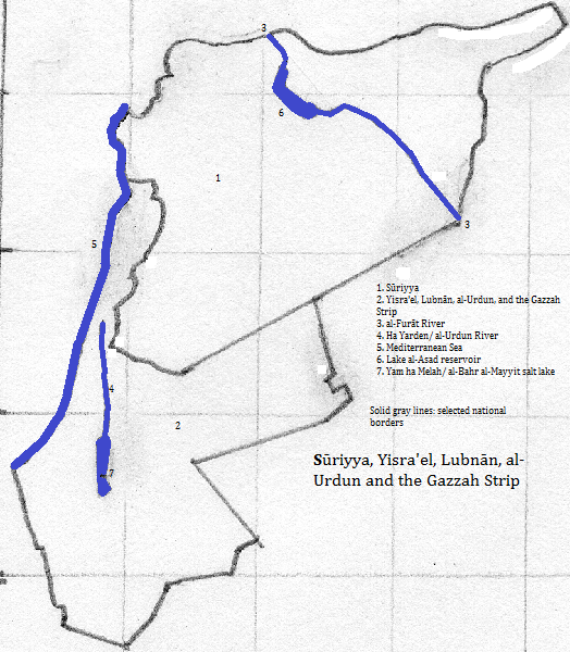 map of Sūriyya, Yisra'el, Lubnān, Urdun and the Gazzah Strip