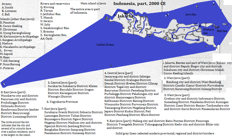 map of Jawa, Christmas and Cocos (Keeling) islands, and islands controlled by Jawa's provinces, 2000 CE, with Jakarta