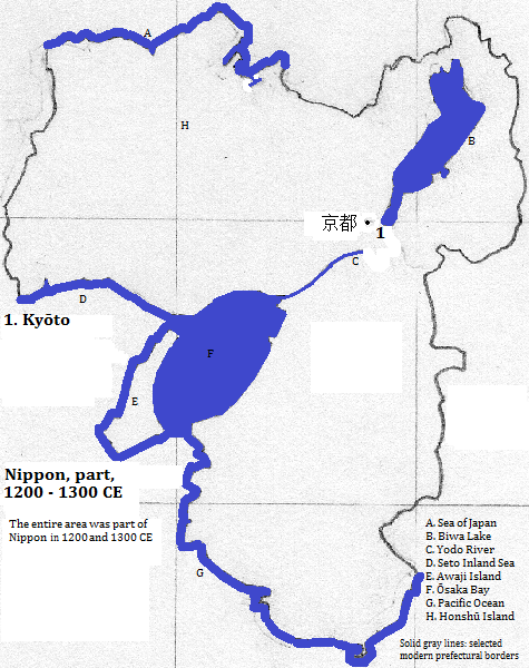 map showing part of Nippon (Japan), 1200 to 1300 CE