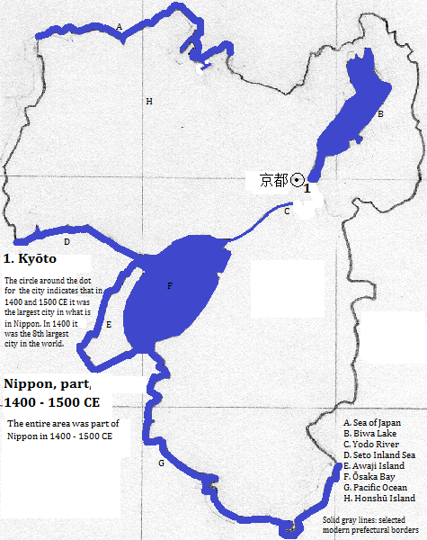 map showing part of Nippon (Japan), 1400 to 1500 CE
