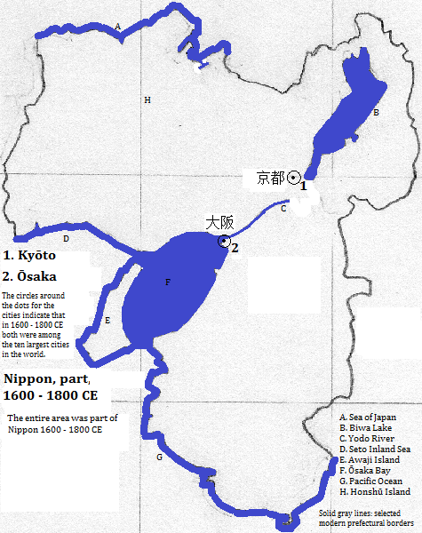 map showing part of Nippon (Japan), 1600 to 1800 CE