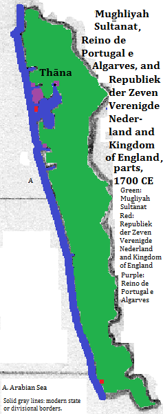 map showing parts of the Mughliyah Sultanat (Mughal Empire), the Reino de Portugal e Algarves (Portuguese Empire) and the Republiek der Zeven Vergenigde Nederland and Kingdom of England (British Empire), 1700 CE
