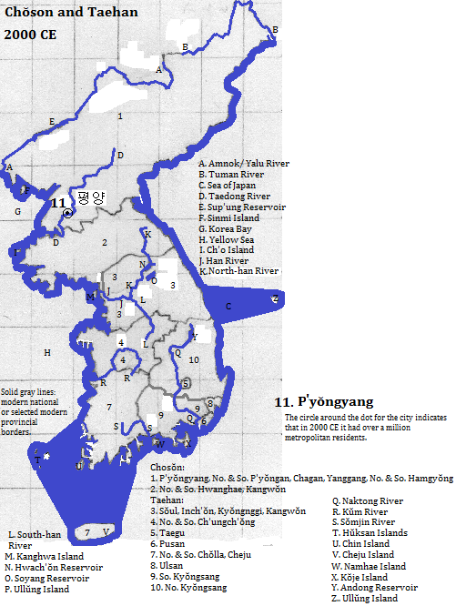 map showing Chosŏn (North Korea) and Daehan (South Korea), 2000 CE