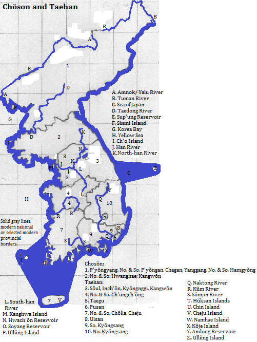 map of Chŏson (North Korea) and Taehan (South Korea): showing state borders and selected rivers, reservoirs and islands