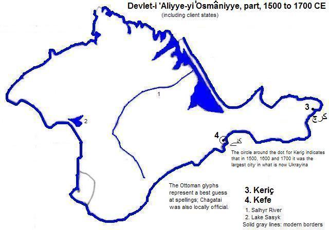 map showing parts of the Devlet-i 'Aliyye-yi 'Osmâniyye (Ottoman Empire),1500 to 1700 CE