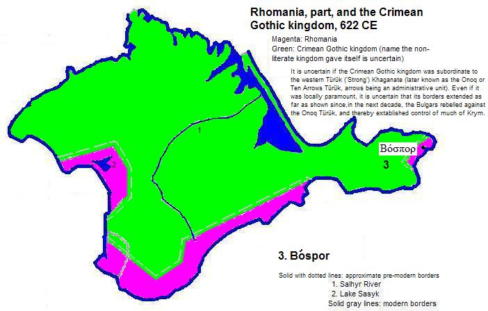 map showing part of Rhomania (Romania or The Byzantine Empire) and all of the Crimean Gothic kingdom 622 CE