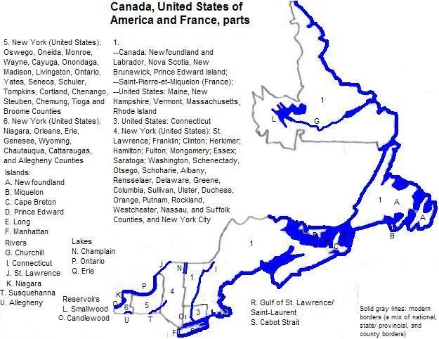 map of New York, New England the the Maritimes Provinces, showing selected borders