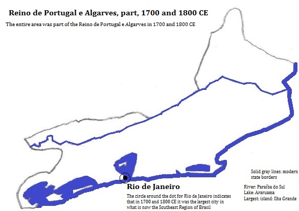 map showing part of the Reino de Portugal e Algarves, 1700 and 1800 CE