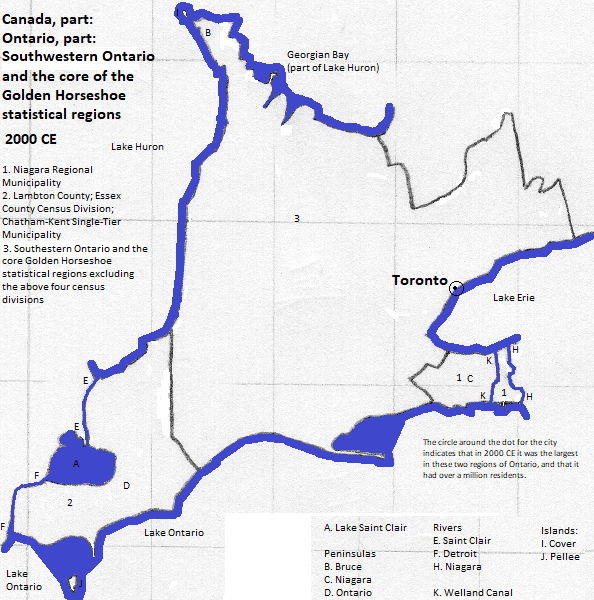map of the Southwestern Ontario and Golden Horseshoe regions of Ontario, Canada, with Toronto marked, 2000 CE