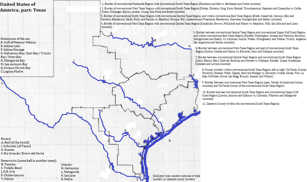 map of Texas: showing four rivers, five reservoirs and four islands