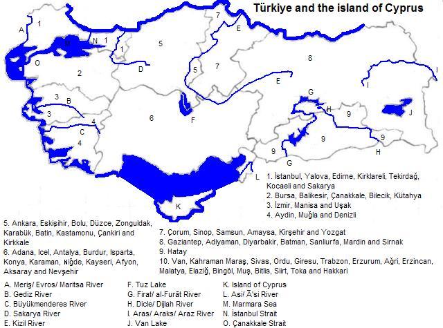 map of Türkiye (Turkey) and the island of Cyprus: showing borders, rivers and lakes