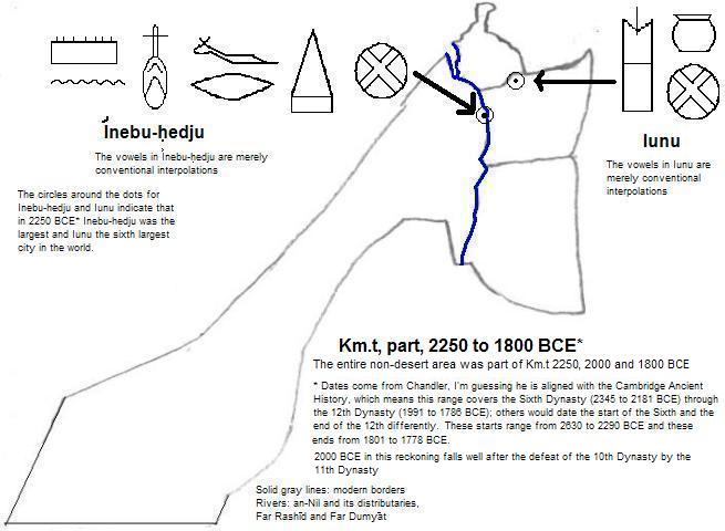 map showing part of Km.t (Kemet or Egypt) 2250 to 1800 BCE