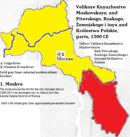 map showing parts of Vepiko knajaztvo Pitovskogo, Ruskogo, Žomojskogo i inya and Królestwo Polskie (Poland-Lithuania) and Velikoye Knyazhestvo Moskovskoye (the Grand Duchy of Moscow), 1500 CE
