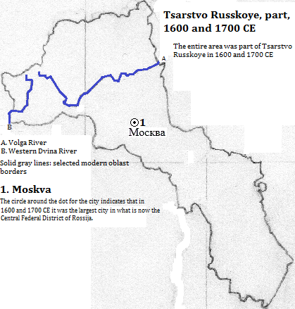 map showing part of Tsarstvo Russkoye (Russian Tsardom), 1600 and 1700 CE