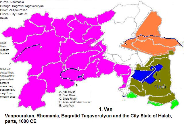 map showing parts of Vaspourakan, Bagratid Tagavorutyun, the City State of Halab and Rhomania (Romania), 1000 CE