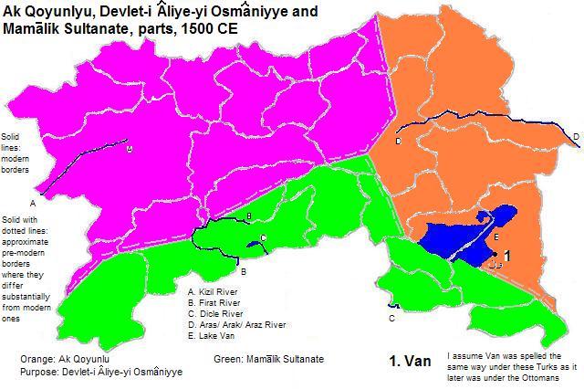 map showing parts of Ak Qoyunlu, Devlet-i Âliye-yi Osmâanyye and the Mamālīk Sultanate, 1500 CE