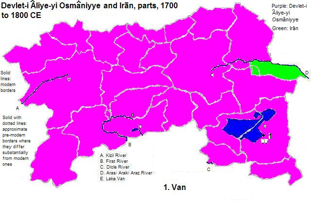 map showing parts of Devlet-i Âliye-yi Osmâanyye and Irān, 1700 to 1800 CE