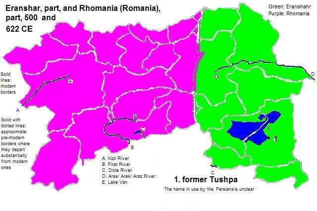 map showing parts of Eranshar and Rhomania (Romania), 500 and 622 CE