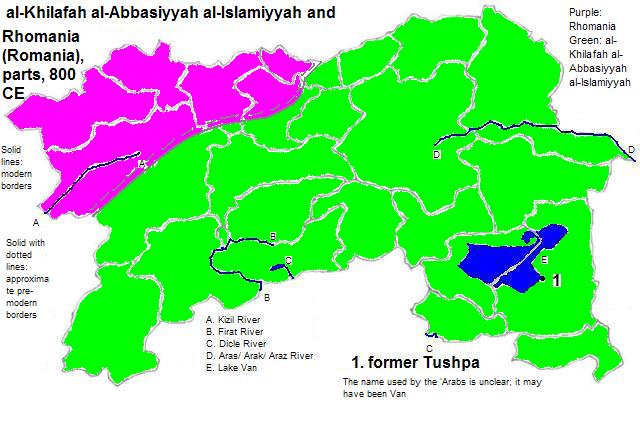 map showing parts of al-Khilafah al-Abbasiyyah al-Islamiyyah and Rhomania (Romania), 800 CE