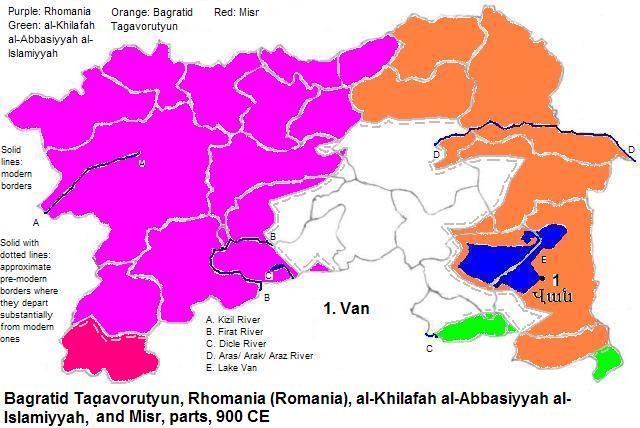 map showing parts of Bagratid Tagavorutyun, al-Khilafah al-Abbasiyyah al-Islamiyyah, Rhomania (Romania) and Misr, 900 CE