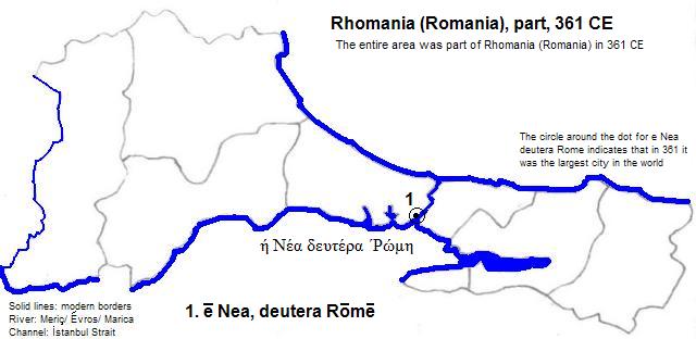 map showing part of Rhomania (Romania), 361 CE