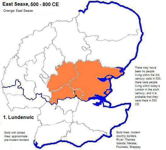 map of East Seaxe, 500 - 800 CE