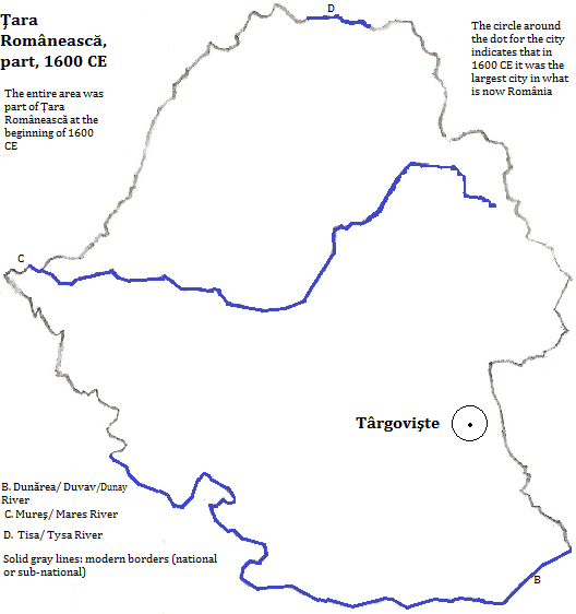 map showing part of Ţara Româanească (Wallachia), 1600 CE