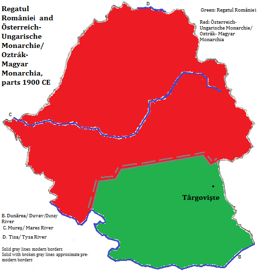 map showing part of Regatul Românie (Kingdom of Romania) and Österreich-Ungrische Monarchie/ Oztrák-Magyar Monarchia (Austro-Hungarian Empire), 1900 CE