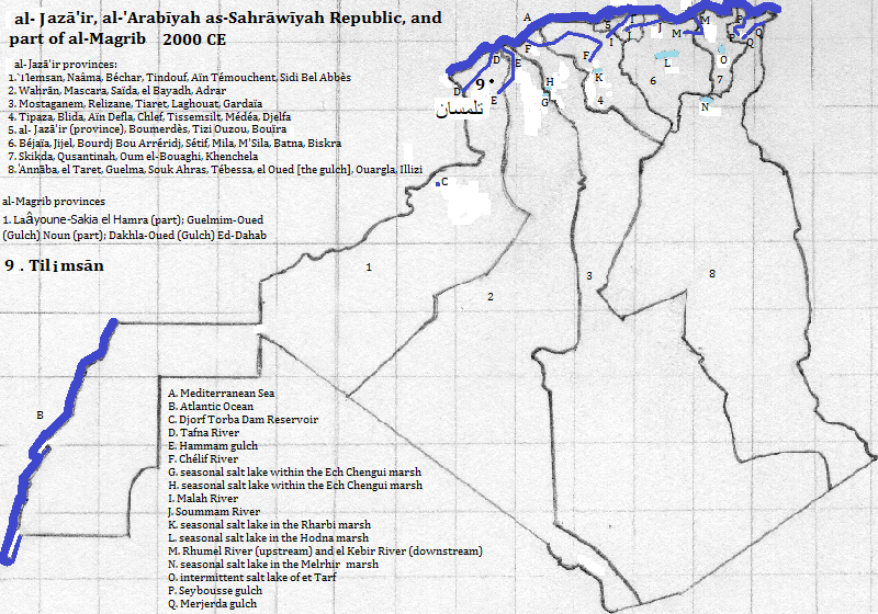 map of al-Jazā'īr (Algérie or Algeria) 2000 CE, showing Tilimsān