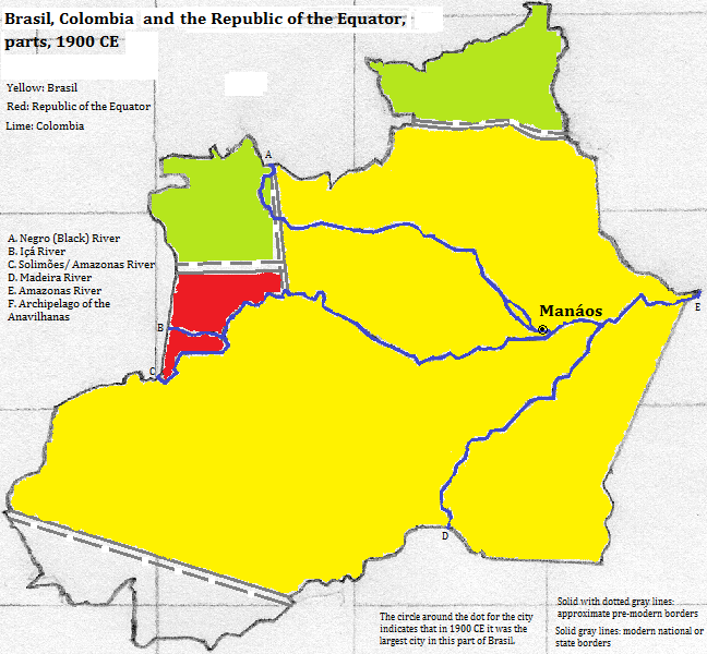 map showing parts of Brasil (Brazil), Colombia and the Republic of the Equator (Ecuador), 1900 CE