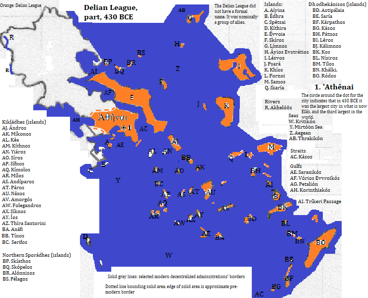 map of Attikís, Thessalías and Central Elládas, and Aigaíou decentralized administrations, 430 BCE