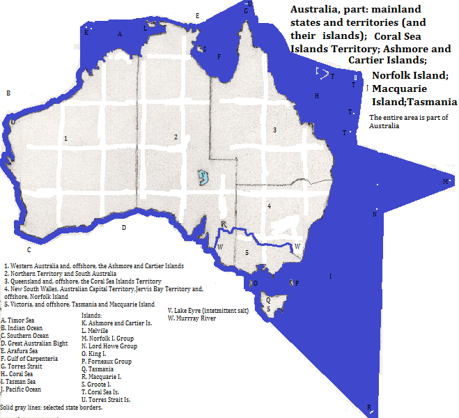 map of Australia: showing selected state borders, salt lake, a river and some islands