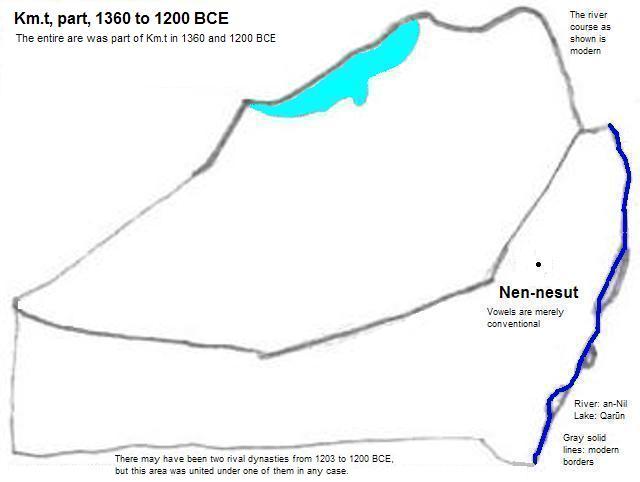 map showing part of Km.t (Kemet or Egypt) 1360 to 1200 BCE