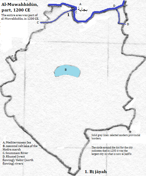 map of Bijāyah, Jijel, Bordj Bou Arréridj, Sétif, Mila, M'Sila, Batna and Biskra provinces of al-Jazā'īr (Algérie or Algeria), 1200 CE