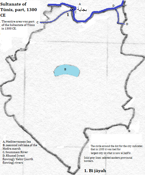 map of Bijāyah, Jijel, Bordj Bou Arréridj, Sétif, Mila, M'Sila, Batna and Biskra provinces of al-Jazā'īr (Algérie or Algeria), 1300 CE