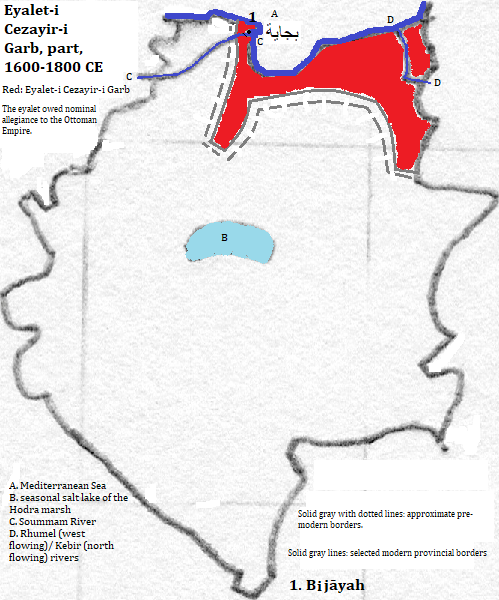 map of Bijāyah, Jijel, Bordj Bou Arréridj, Sétif, Mila, M'Sila, Batna and Biskra provinces of al-Jazā'īr (Algérie or Algeria), 1600-1800 CE