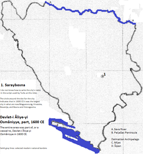 map of Bosna and Hercegovina, and the enclave of Dubrovnik, 1600 CE