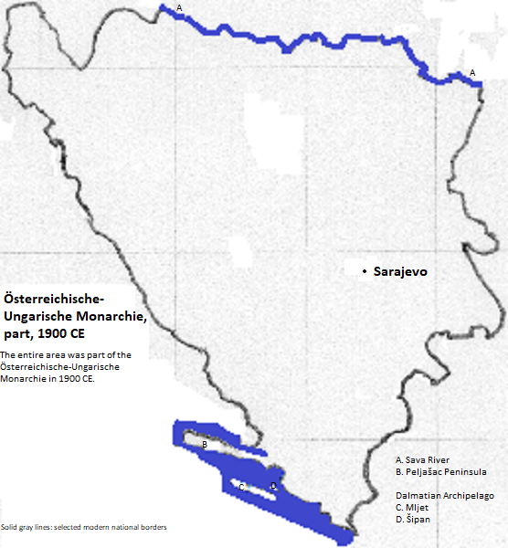 map of Bosna and Hercegovina, and the enclave of Dubrovnik, 1900 CE