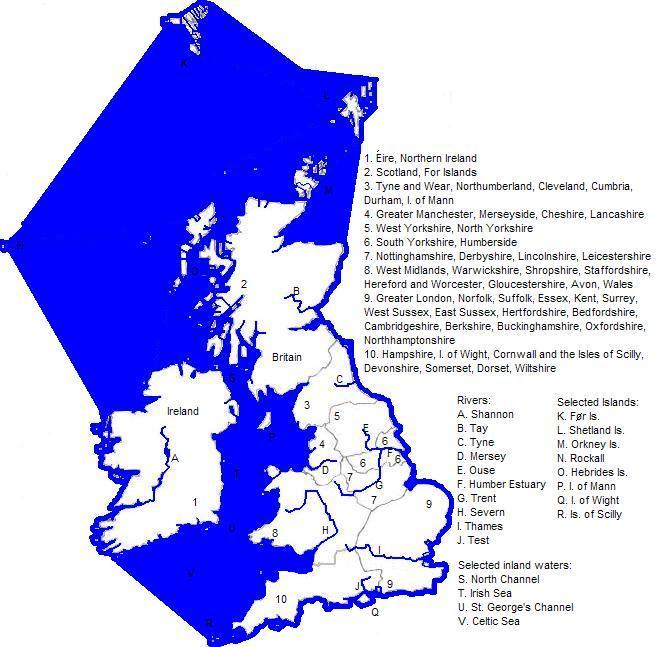 map of the United Kingdom, Éire and the For Islands: showing borders and rivers