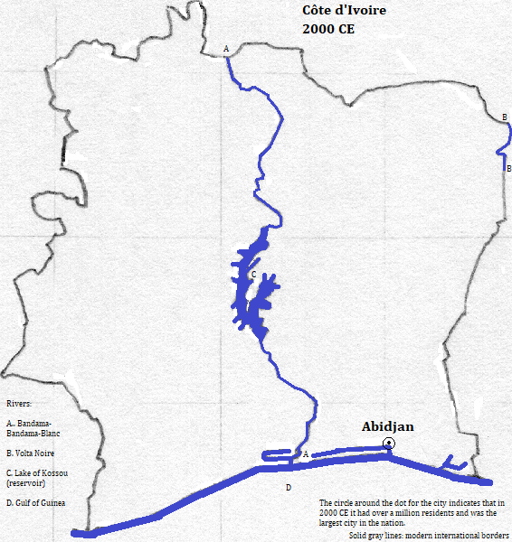 Côte d'Ivoire map, 2000 CE, with Abidjan