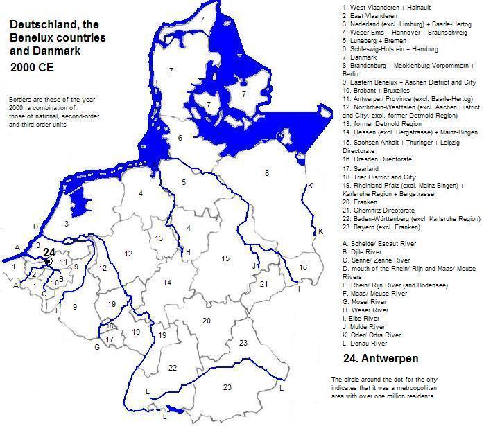 map showing Deutschland, the Benelux and Danmark (part), 2000 CE